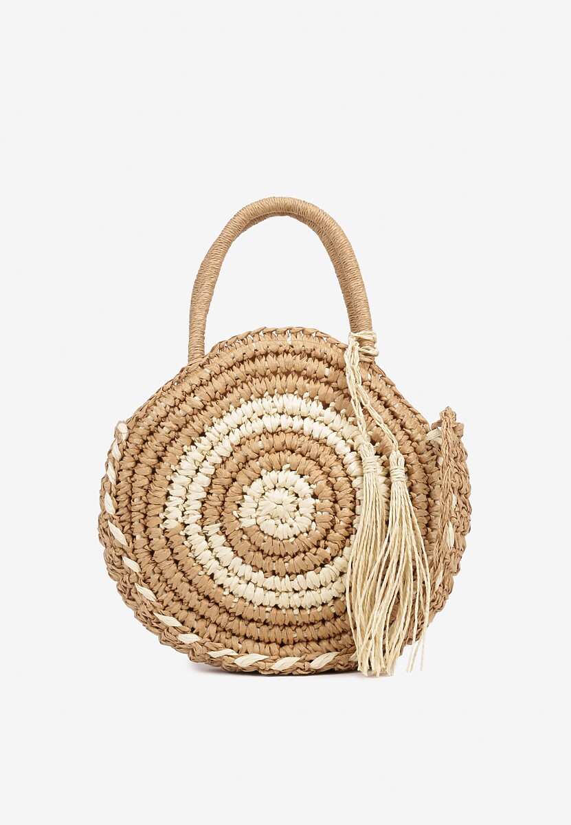 Ciemnobeżowa Torebka z Plecionki o Okrągłym Kształcie Ozdobiona Frędzlami Solaura