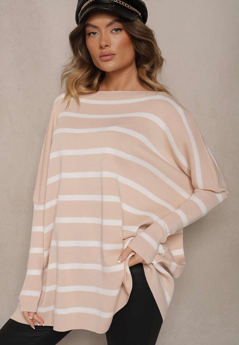 Biały Oversizowy Sweter z Rękawami o Fasonie Nietoperz i Wzorem w Paski Eistauma