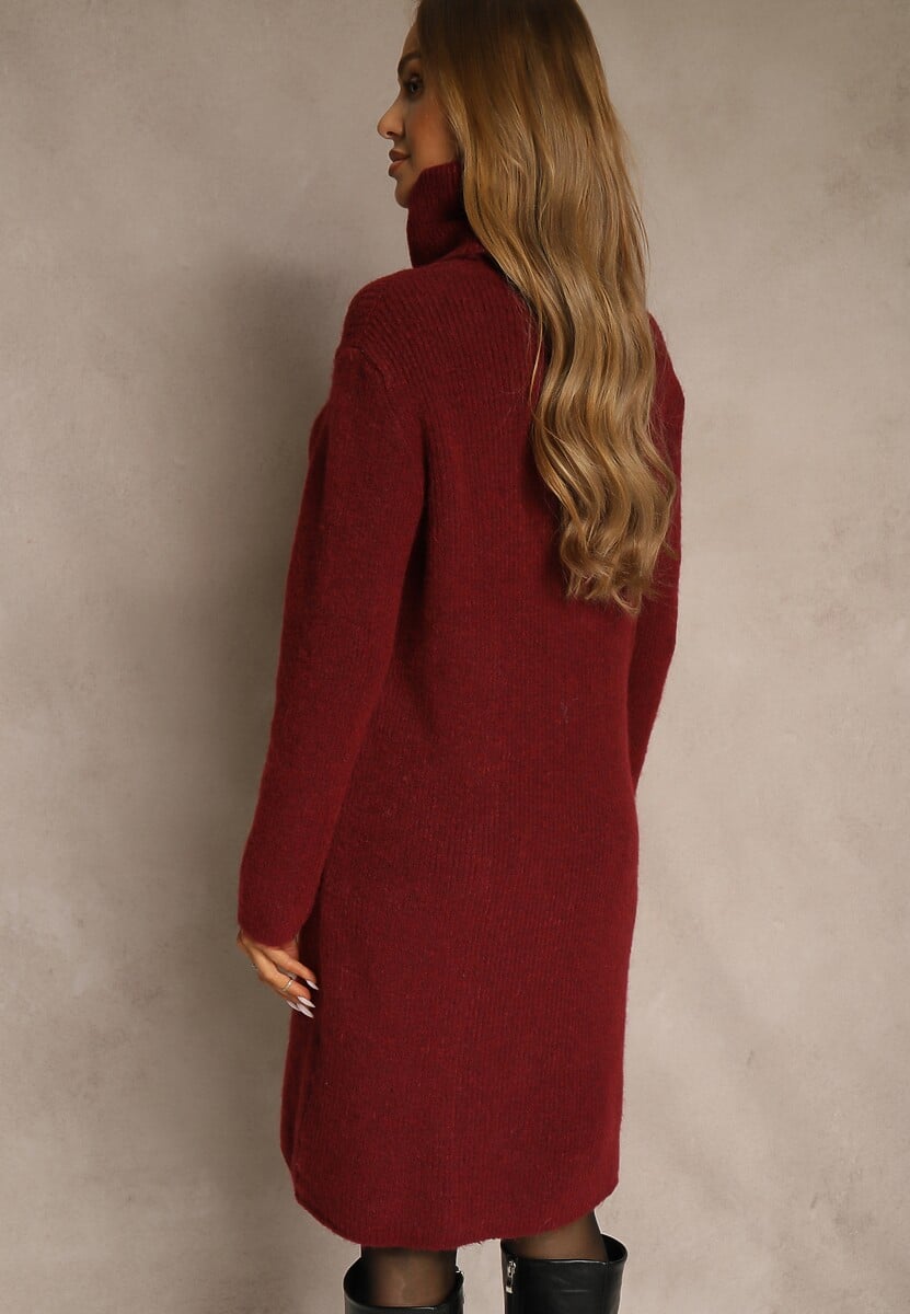 Bordowa Sweterkowa Sukienka Golf z Wełną i Wiskozą Fedorina