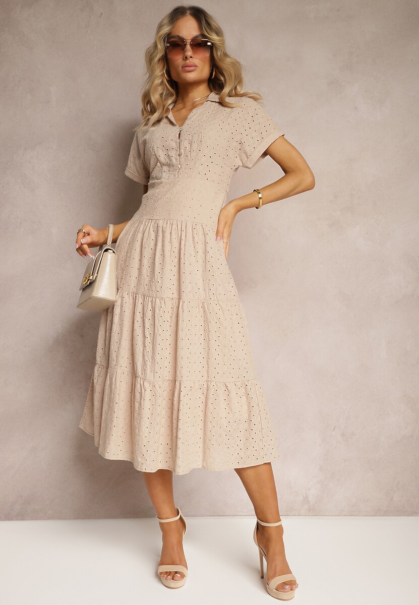 Beżowa Ażurowa Sukienka z Bawełny z Krótkim Rękawem i Guzikami Obitha