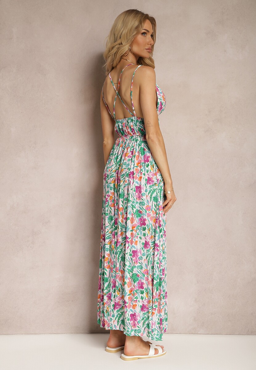 Zielono-Różowa Wiskozowa Sukienka na Lato z Podwójnymi Ramiączkami w Kwiatki z Gumką w Talii Triaire
