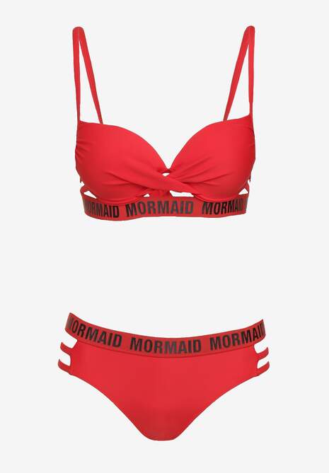 Czerwone Bikini z Supełkiem na Biustonoszu z Ozdobnymi Paseczkami i Napisami Bibalia