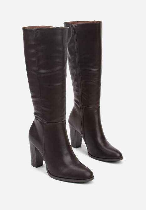 Ciemnobrązowe Eleganckie Kozaki VICES na Słupkowym Obcasie z Cholewką do Kolana Unenela