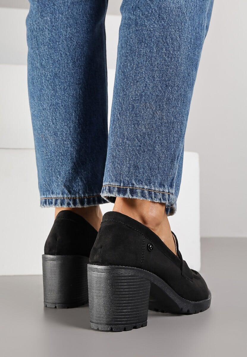 Czarne Półbuty Mokasyny z Ekozamszu na Słupku i Platformie Andarco