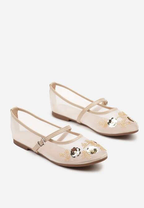 Beżowe Balerinki Transparentne w Stylu Mary Jane z Kwiatowymi Zdobieniami Nelritia