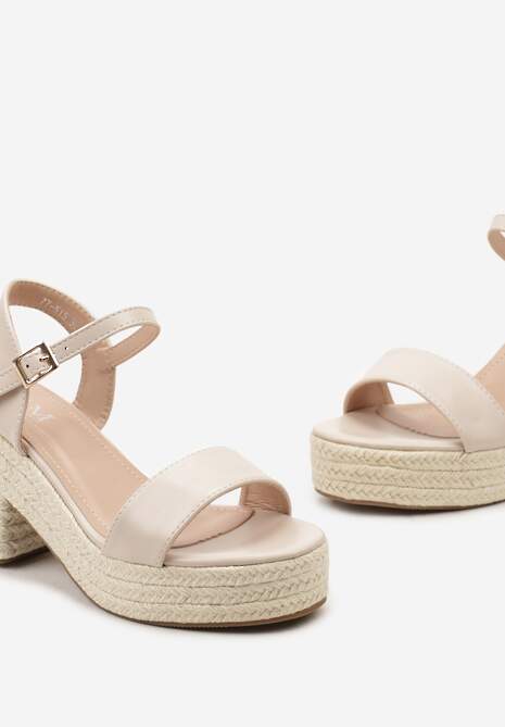 Beżowe Sandały na Słupku i Platformie z Plecionką z Juty Sigarata