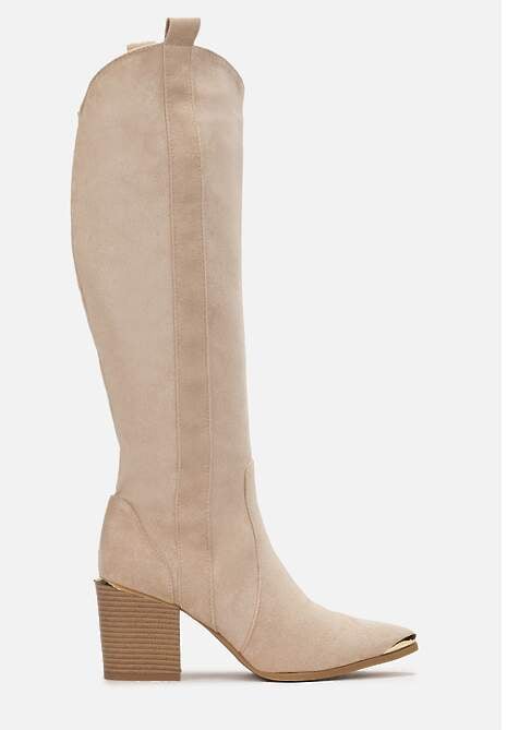 Beżowe Kozaki Kowbojki przed Kolano z Metalicznym Noskiem Caspianna