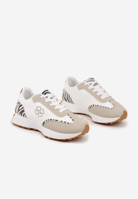 Beżowo-Białe Sneakersy z Zeberkowym Zdobieniami i Delikatnym Haftem Alisella