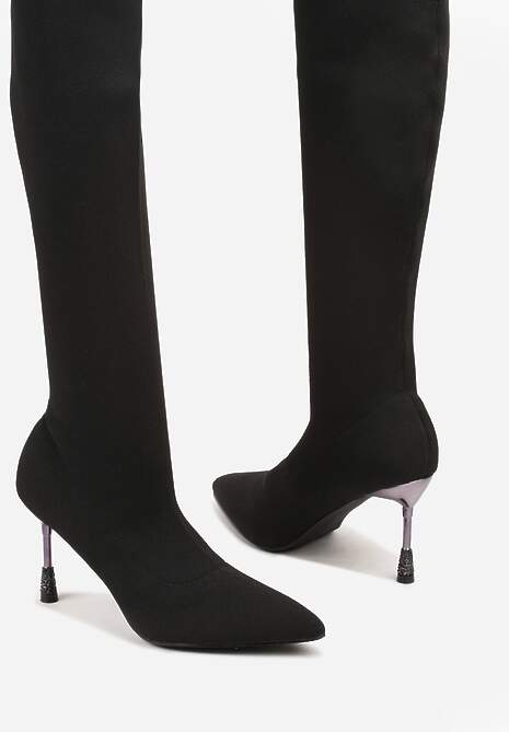 Czarne Skarpetkowe Kozaki Vices na Ozdobnym Obcasie z Cyrkoniami Nilritisa