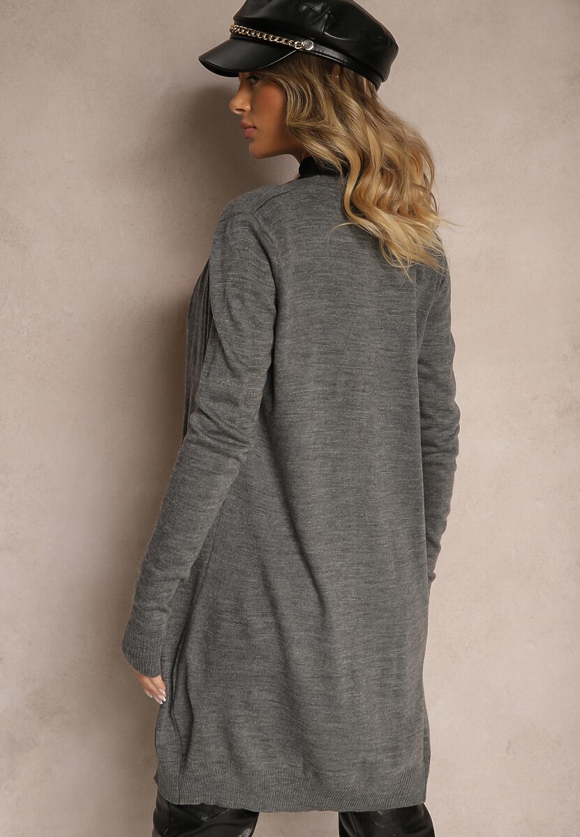 Ciemnoszary Kardigan Bez Zapięć o Prostym Kroju ze Wsuwanymi Kieszonkami Torinia