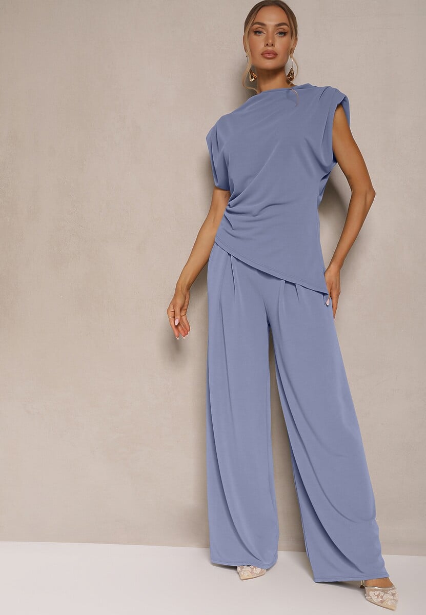 Jasnobrązowy Komplet Bluzka z Poduszkami w Ramionach i Proste Spodnie z Gumką w Pasie Divanes