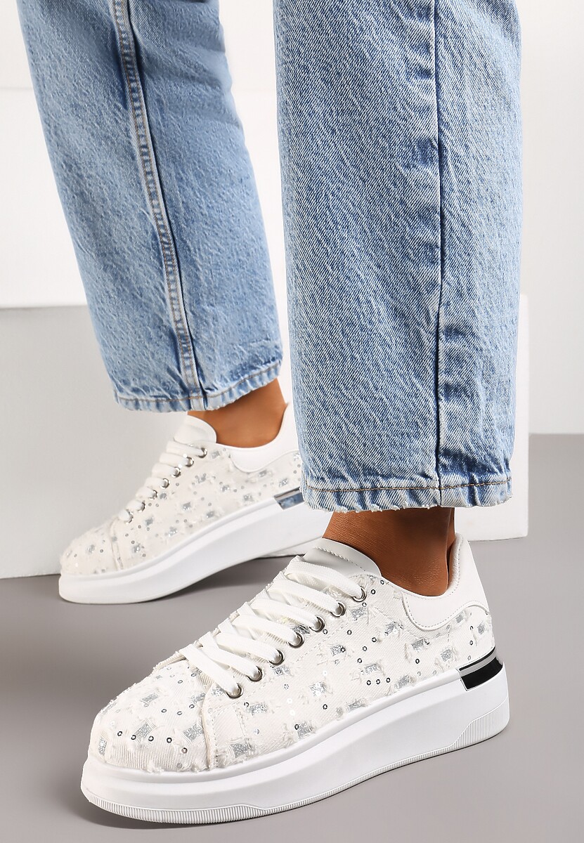 Beżowe Sneakersy na Platformie Ozdobione Metaliczną Wstawką Przetarciami oraz Brokatem Sorlina