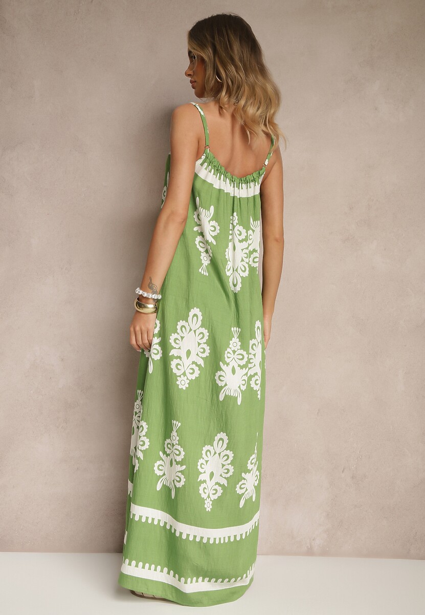 Zielona Rozkloszowana Sukienka na Ramiączkach w Ornamentalny Print Reveleine