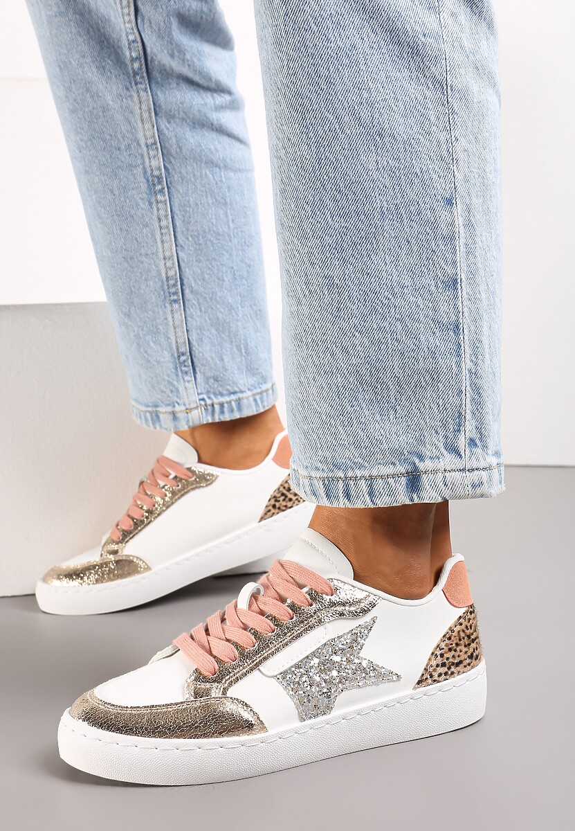 Złote Sneakersy z Brokatowymi Wstawkami i Gwiazdką Reniva