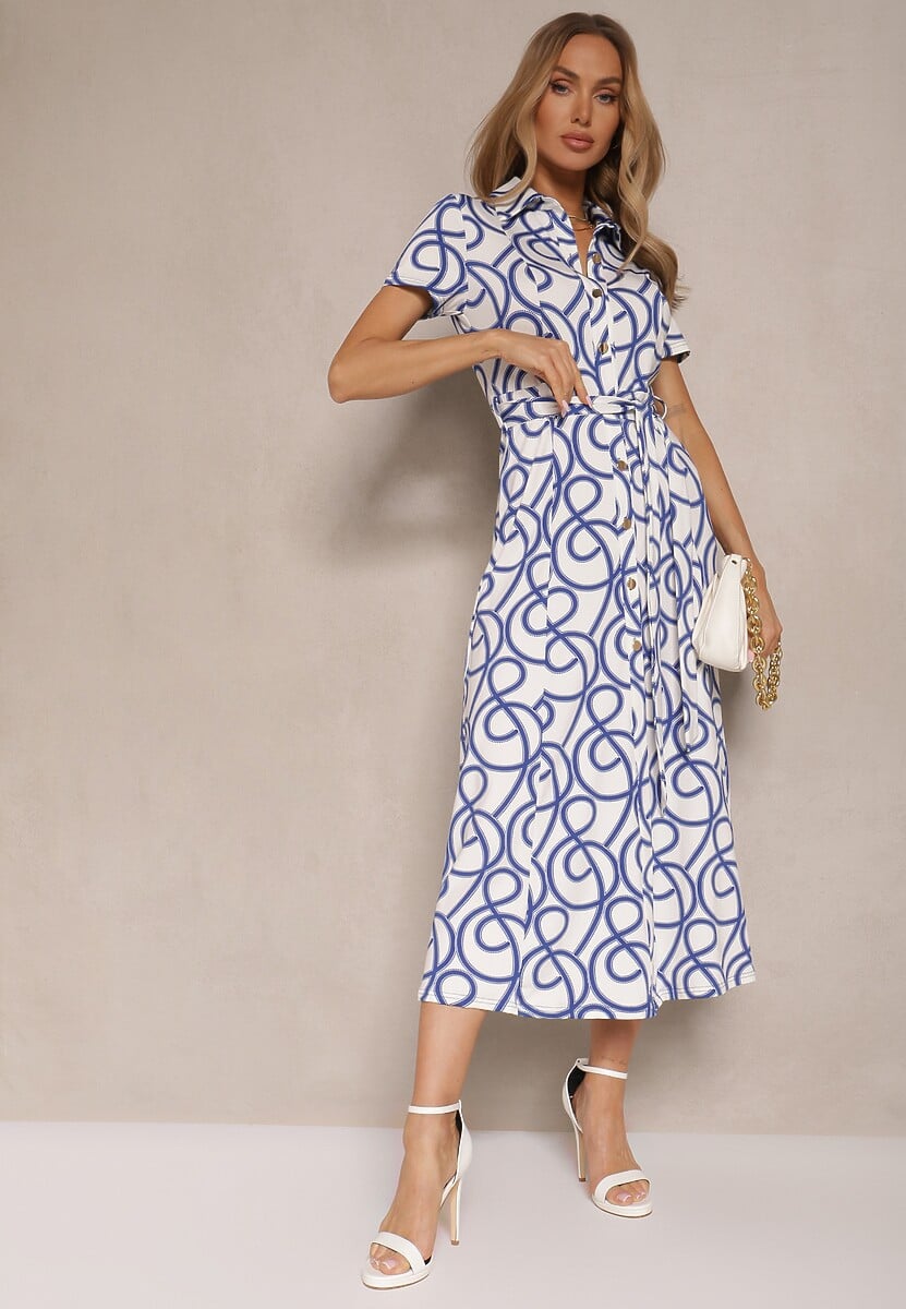 Niebieska Sukienka z Wiskozą o Koszulowym Kroju z Geometrycznym Wzorem Saravione