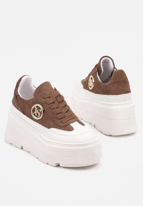 Brązowo-Białe Chunky Sneakersy Vices na Platformie z Okrągłym Detalem Sedvira
