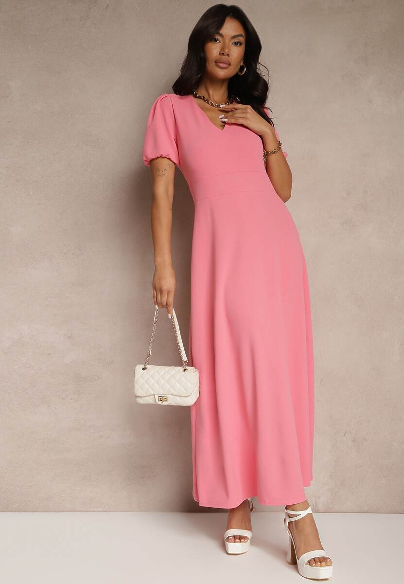 Różowa Rozkloszowana Sukienka z Lekko Bufiastymi Rękawami i Dekoltem V Efrusae