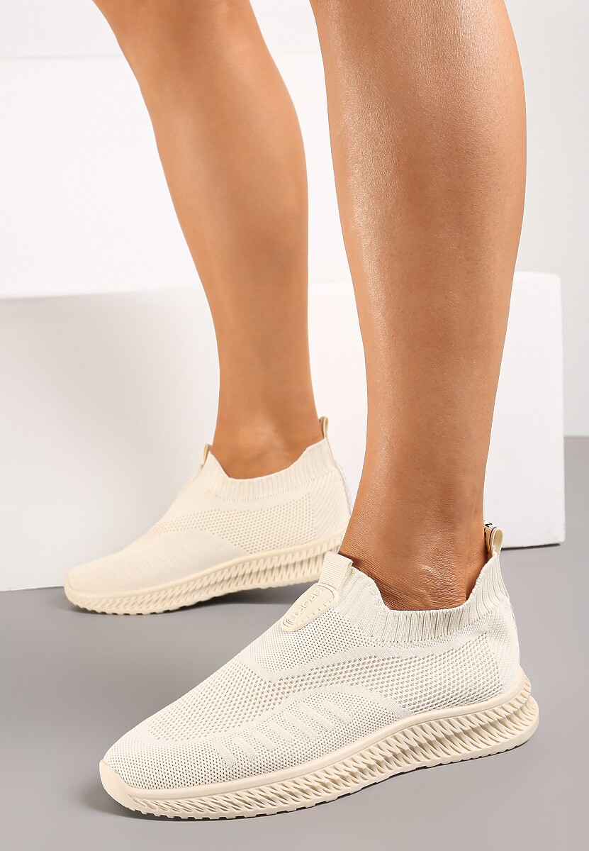 Beżowe Buty Sportowe ze Skarpetkową Cholewką Pinke