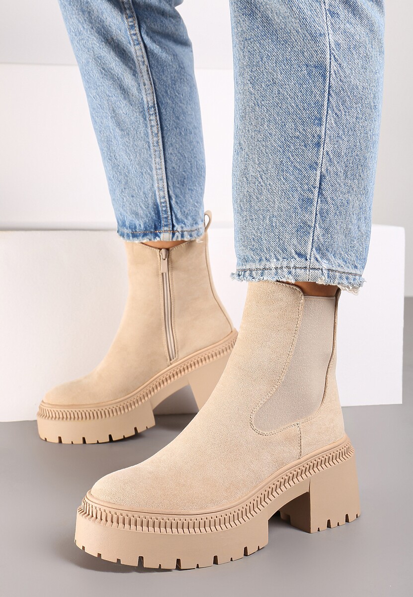 Beżowe Botki na Słupku i Platformie Sztyblety Grunge z Elastyczną Cholewką Lericea