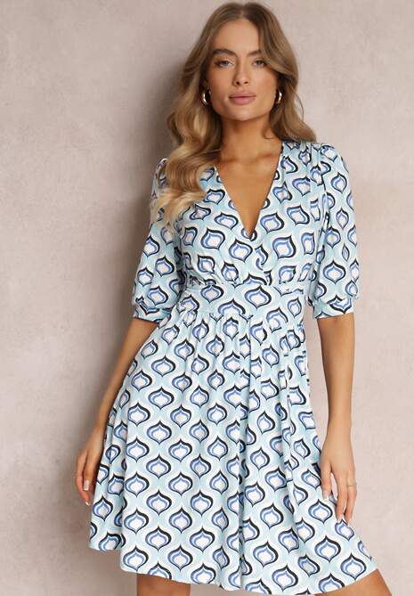 Niebieska Sukienka Mini w Mozaikowy Wzór z Bufiastymi Rękawami Sabreena