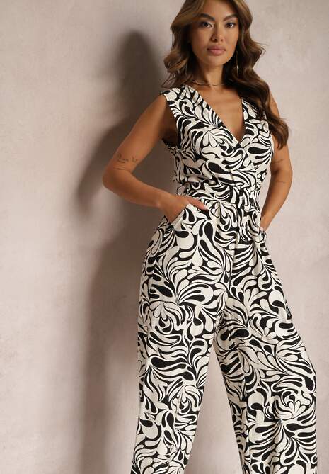 Czarno-Biały Kopertowy Kombinezon bez Rękawów z Długimi Nogawkami Yadia