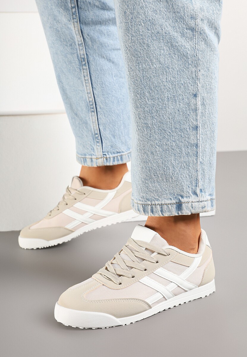 Beżowe Sneakersy na Płaskiej Podeszwie z Geometrycznym Wzorem Rivmi