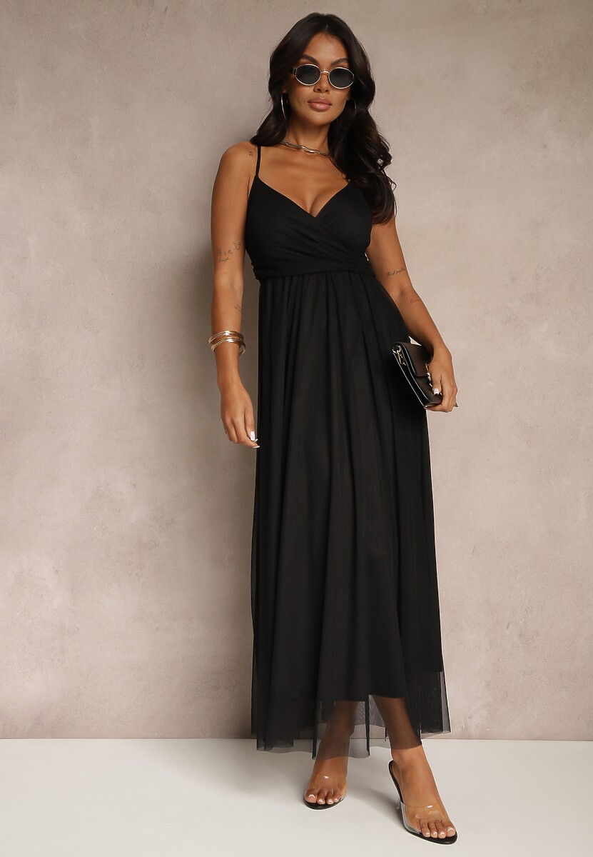 Czarna Sukienka Koktajlowa Ozdobiona Tiulowym Materiałem Deviora