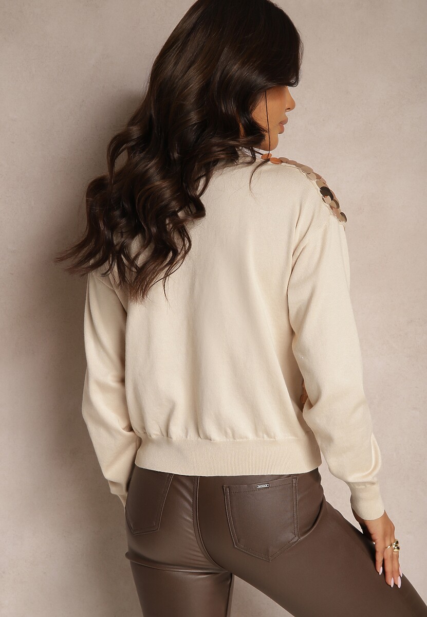 Beżowy Kardigan na Guziki z Wiskozą i Cekinami Evelith