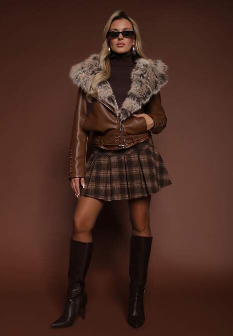 Brązowa Kurtka Ramoneska z Kapturem z Futrem z Możliwością Odpięcia Aplinna