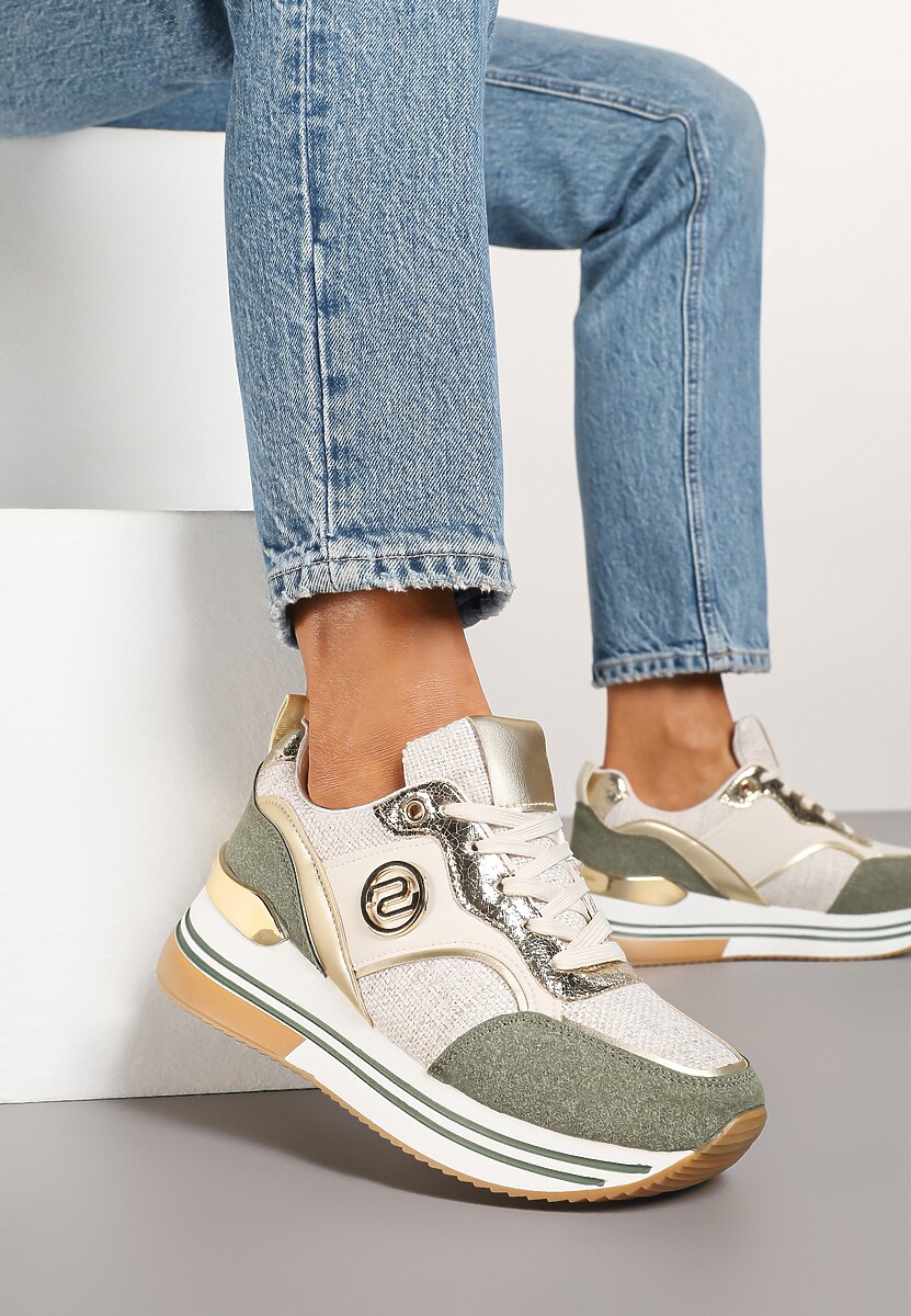Beżowo-Zielone Sneakersy z Metalicznymi Zdobieniami na Platformie Gonnella