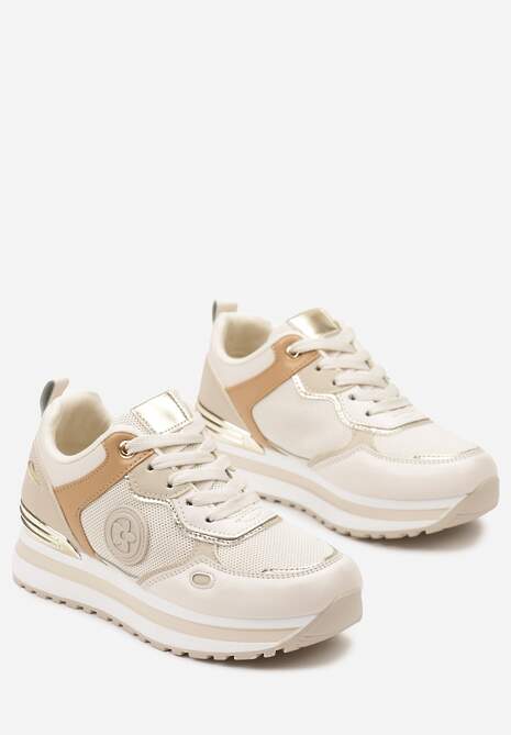 Beżowe Sneakersy na Niskiej Platformie z Metalicznym Paskiem za Kostkę Dapphira