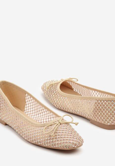 Ciemnobeżowe Siateczkowe Balerinki z Delikatnymi Cyrkoniami i Kokardką Senirithra