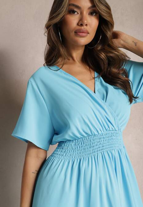 Niebieska Rozkloszowana Sukienka Długa o Kopertowym Kroju Alarava