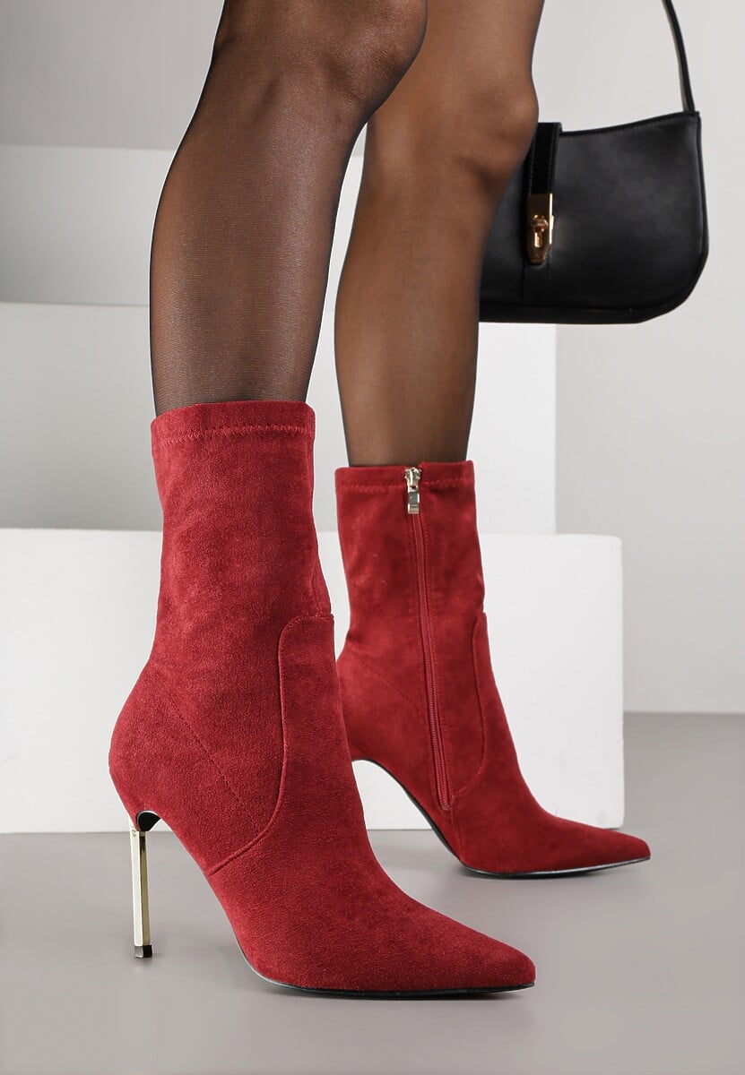 Bordowe Botki na Szpilce Ozdobione Metaliczną Wstawką Amiltia