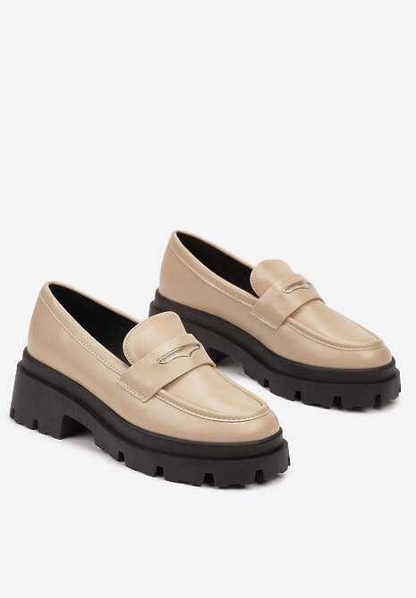Beżowe Mokasyny na Platformie Wykończone Ozdobnym Paskiem Navlda