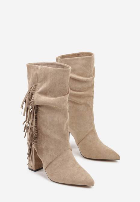 Ciemnobeżowe Botki Kowbojki na Słupku z Frędzlami Reisetia