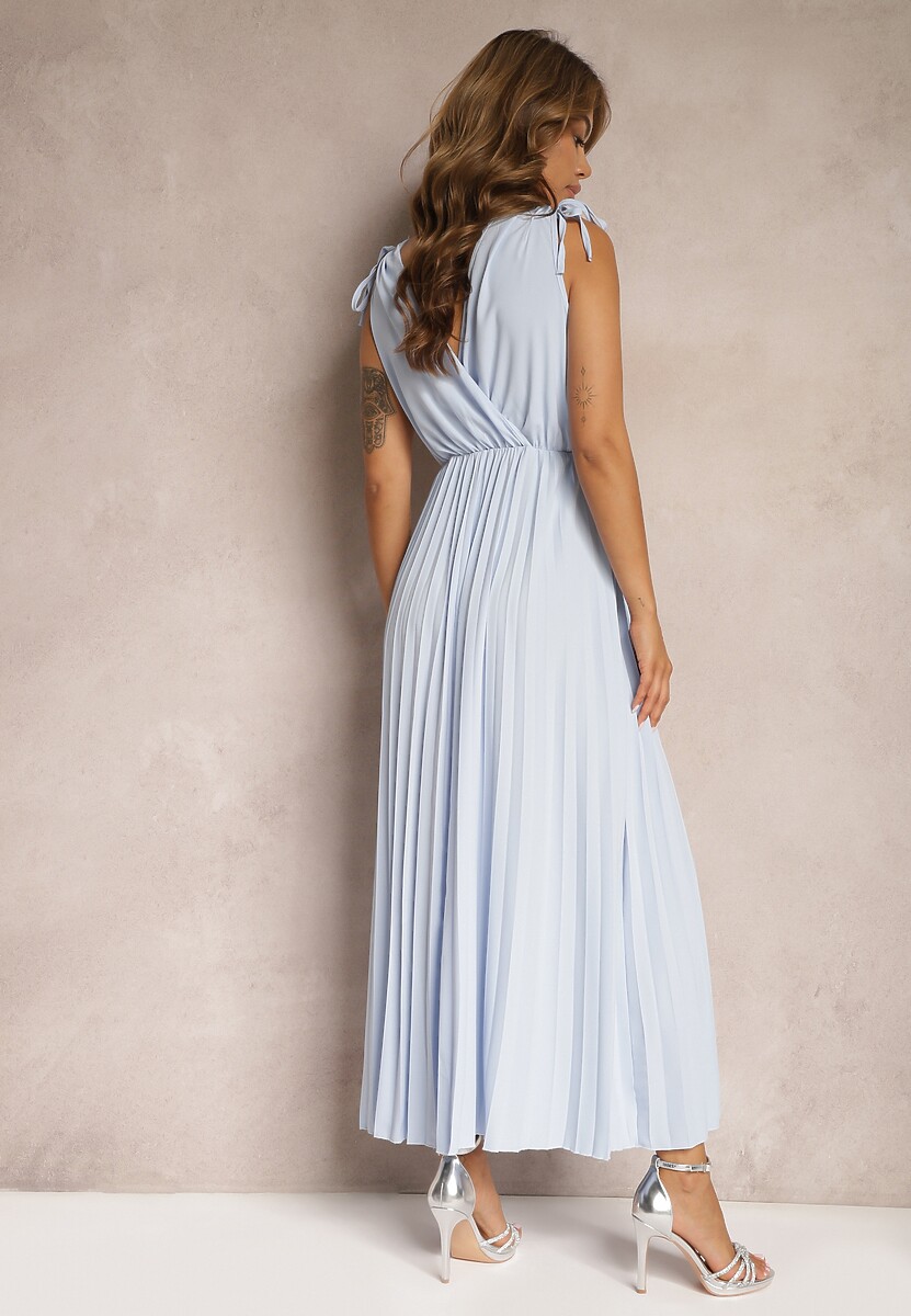 Jasnoniebieska Rozkloszowana Sukienka Plisowana z Wiskozą i Bawełną Wykończona Gumką w Talii Yefia
