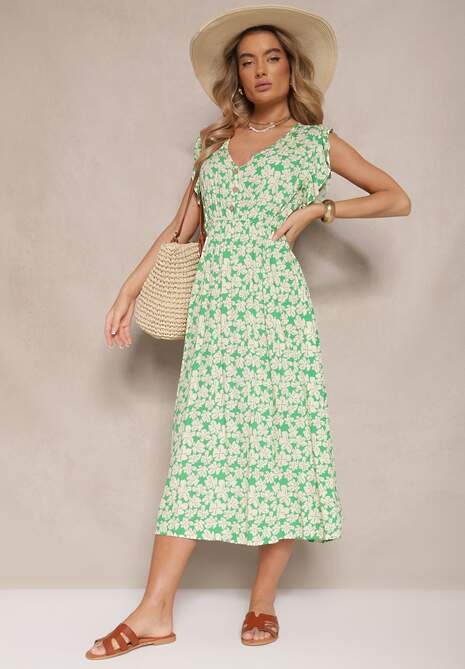 Zielona Rozkloszowana Sukienka z Bawełny w Kwiatowy Wzór z Gumką w Talii Alaniria
