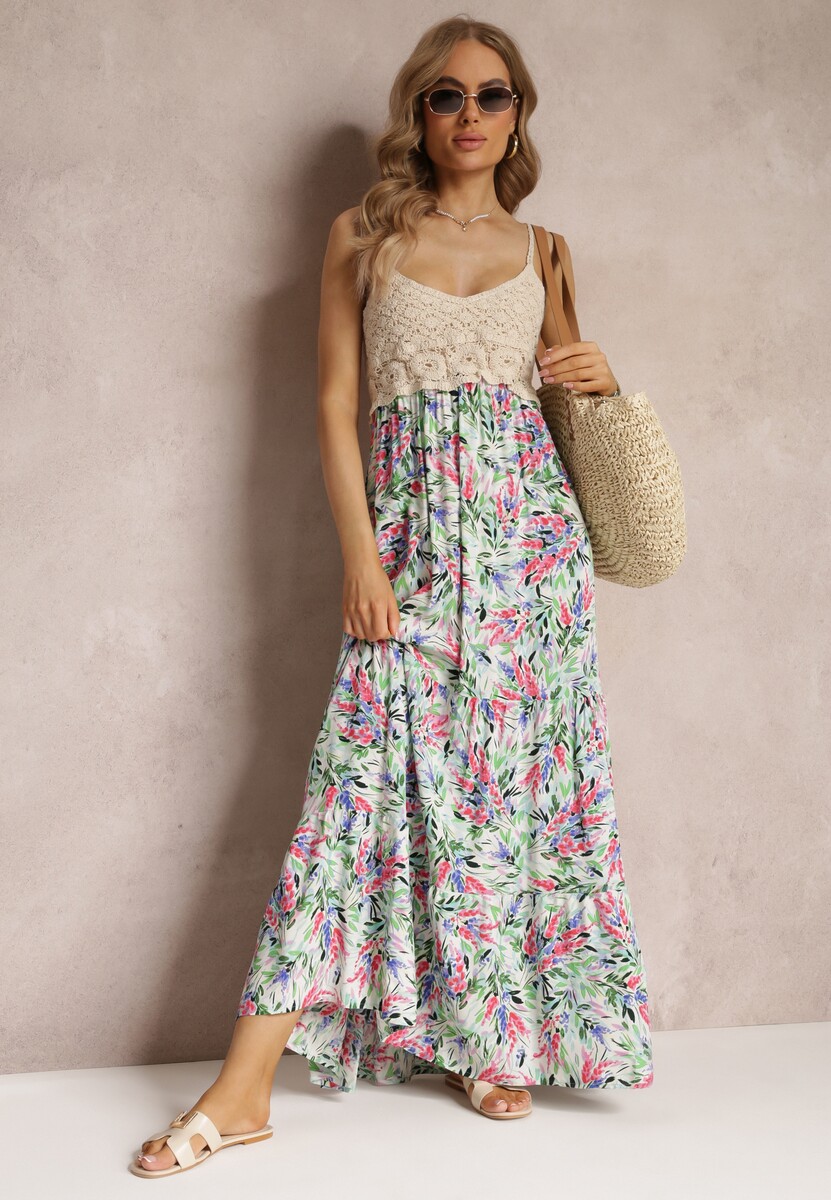 Zielona Kwiecista Sukienka Maxi z Szydełkową Górą i Cienkimi Ramiączkami z Wiskozy Zanidora