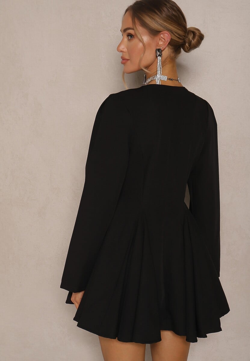 Czarna Rozkloszowana Sukienka o Fasonie Marynarki z Ozdobnymi Guzikami Florlio