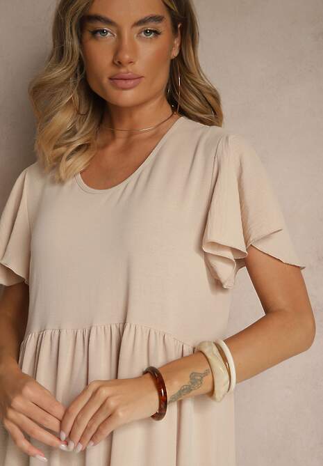 Jasnobeżowa Rozkloszowana Sukienka z Wiskozą w Casualowym Stylu Filarenna