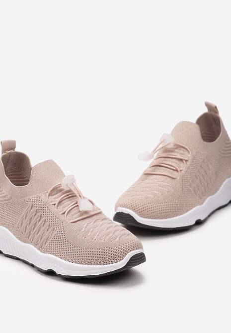 Beżowe Buty Sportowe Ściągane Gumką Ozdobione Metaliczną Nicią Rianelle