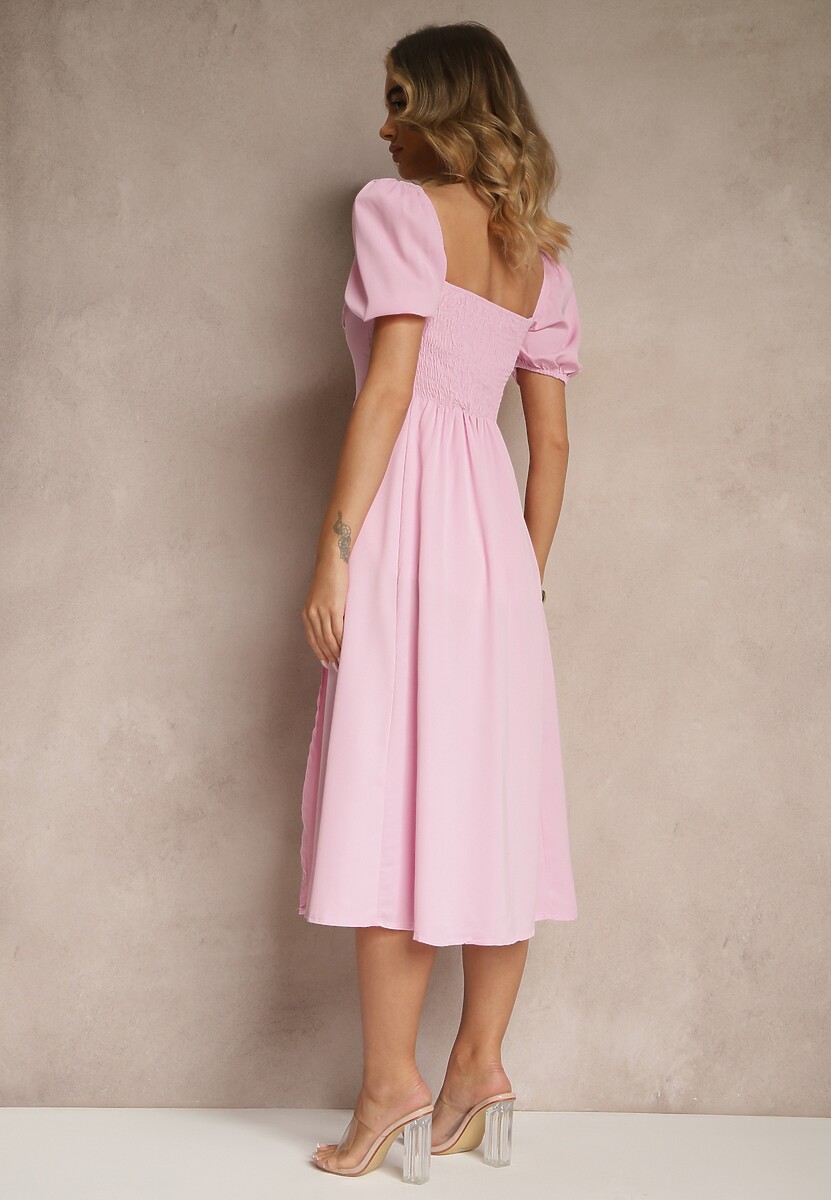 Różowa Rustykalna Sukienka o Rozkloszowanym Kroju z Wiązaniem i Rozcięciem Idanvera