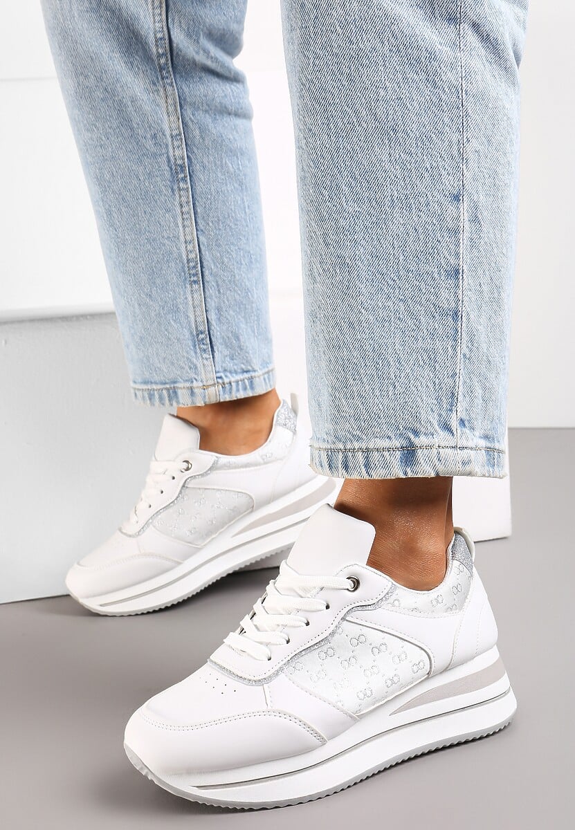 Białe Sneakersy z Brokatem na Grubej Podeszwie Hilena