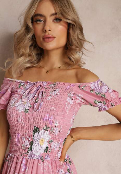 Różowa Sukienka Maxi z Ozdobnym Dekoltem i Cienkimi Gumkami Nesaina