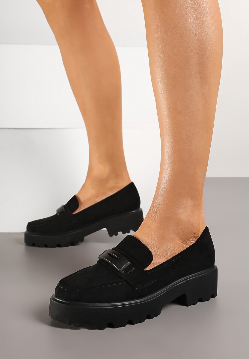 Czarne Mokasyny na Grubej Podeszwie z Cholewką z Przeszyciami Hamaira