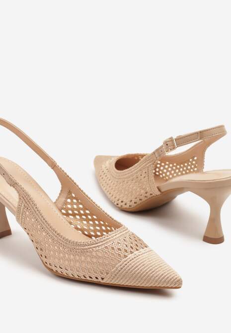 Ciemnobeżowe Sandały Slingback na Klepsydrze z Szydełkową Cholewką i Noskiem w Szpic Mairita