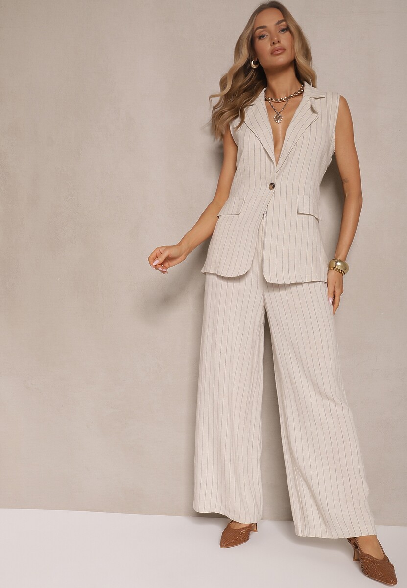 Jasnoszary Prążkowany Komplet z Wiskozą w Garniturowym Stylu Kamizelka i Spodnie Saralisse