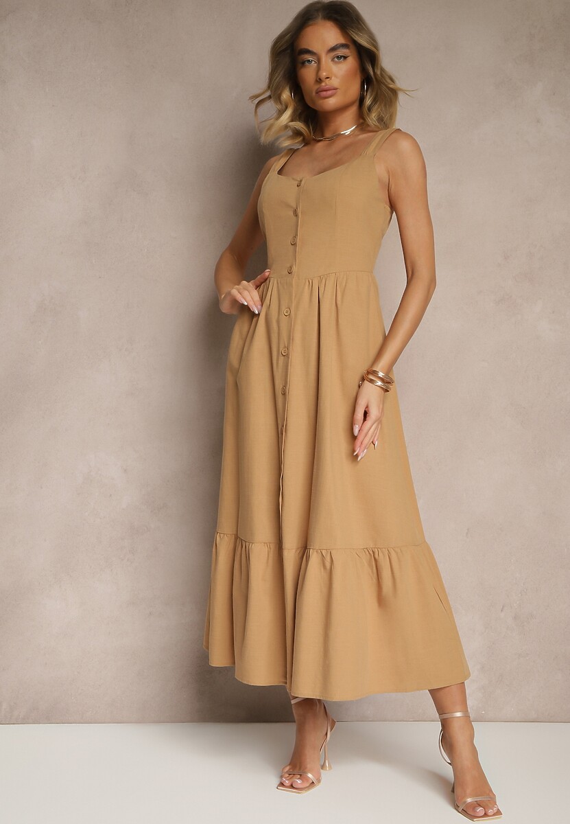 Ciemnobeżowa Sukienka Rozkloszowana z Bawełną Ozdobiona Guzikami i Falbanką Lunavin