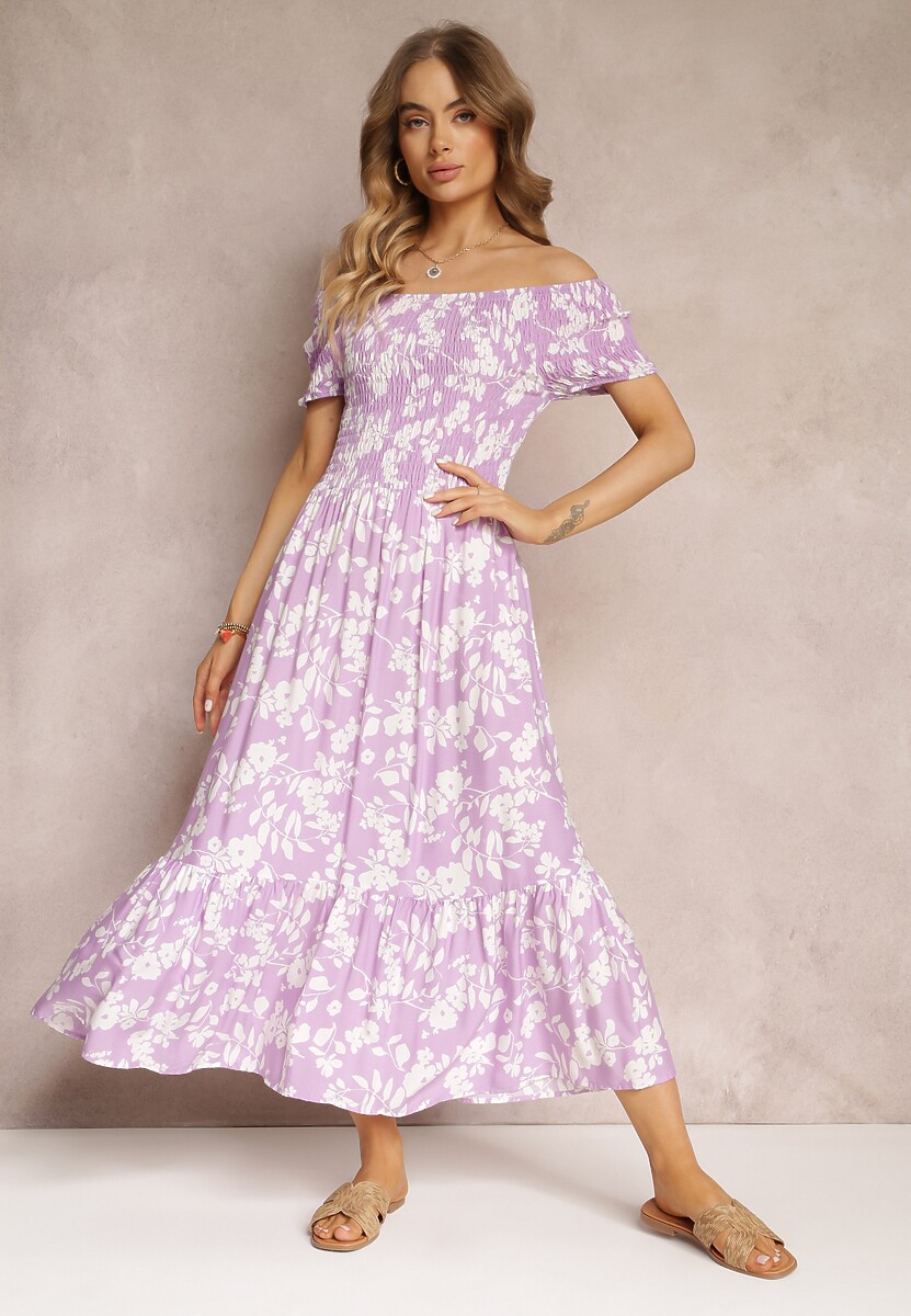 Zielona Rozkloszowana Sukienka Maxi z Hiszpańskim Dekoltem w Kwiaty Zevana